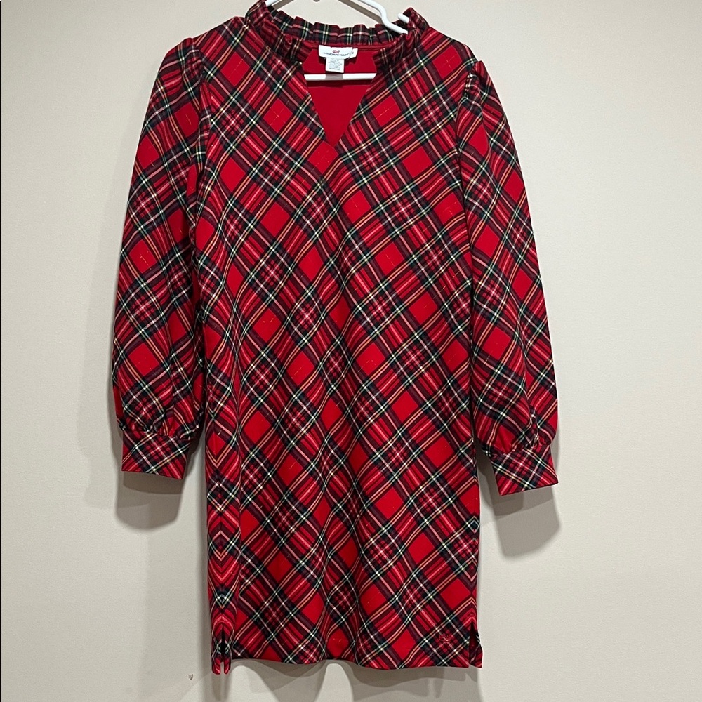 Red Plaid Dress with Ruffle Collar